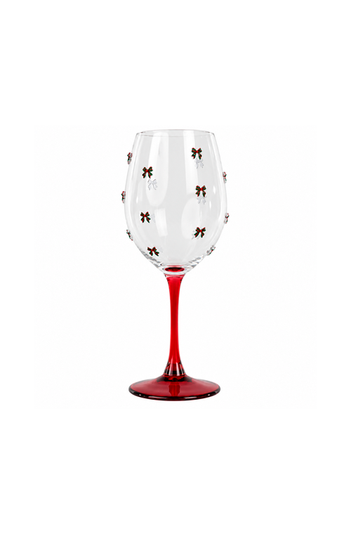 Taça de Vinho Natalino com Laço Vermelho em Vidro 600ml