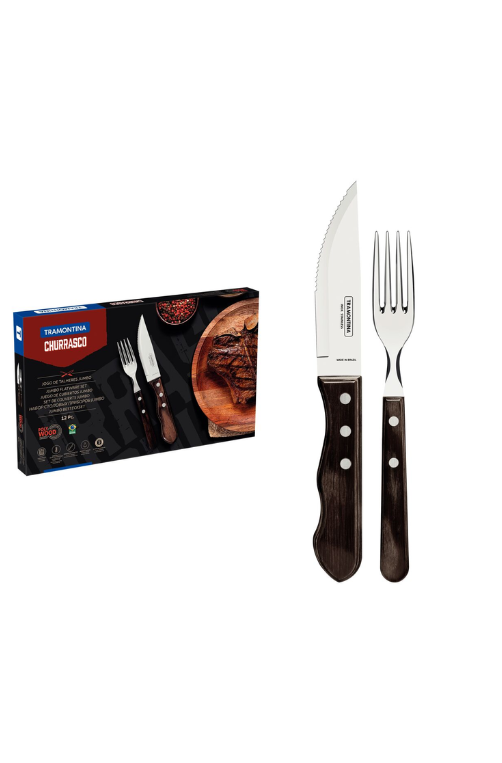 Jogo de Talheres para Churrasco Jumbo em Aço Inox com Cabo Castanho Polywood 12 Peças