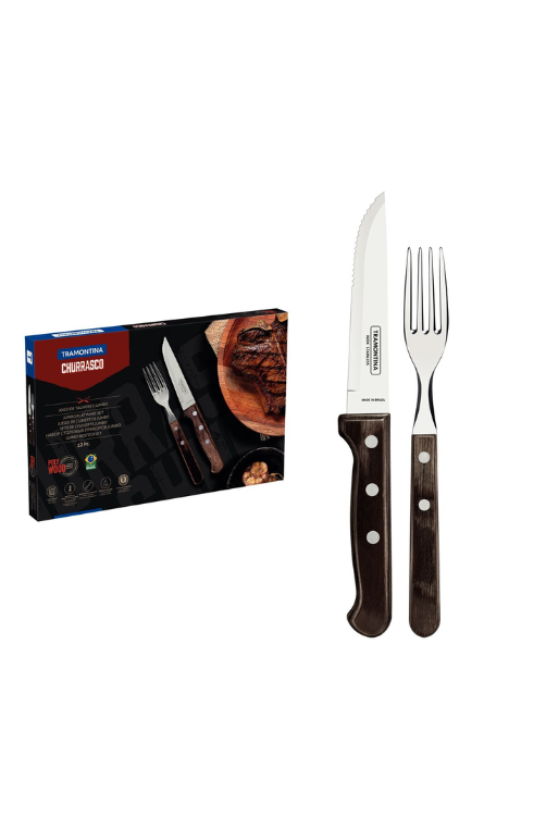 Conjunto de Talheres Jumbo em Aço Inox e Cabos de Madeira Polywood Castanho 12 Peças