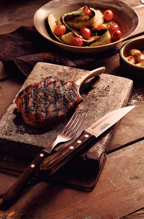 Jogo de Talheres para Churrasco Jumbo em Aço Inox com Cabo Castanho Polywood 12 Peças