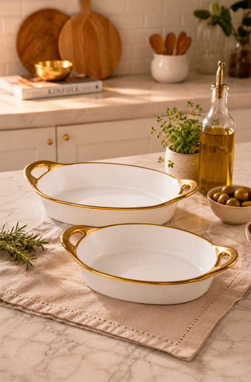 Conjunto de Travessa Oval Branca com a Borda Dourada em Cerâmica 2 Peças