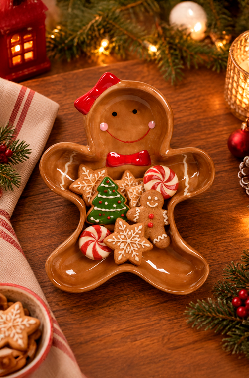 Travessa Natalina Biscoito Ginger Marrom em Cerâmica
