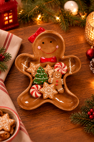 Travessa Natalina Biscoito Ginger Marrom em Cerâmica