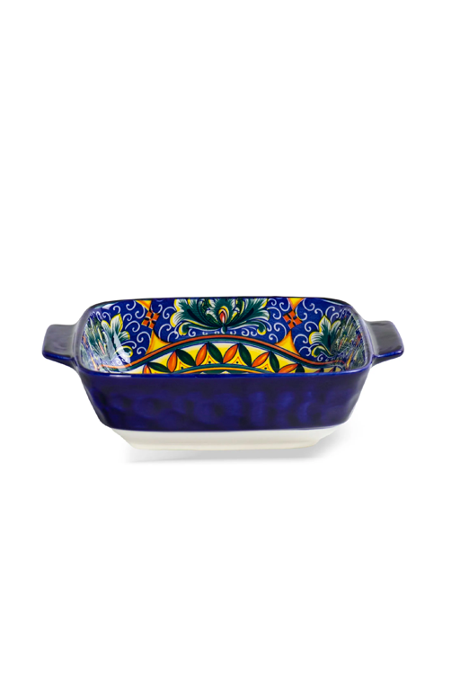 Travessa Retangular Floral Interno com Relevos e Alca Azul em Cerâmica