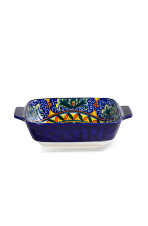 Travessa Retangular Floral Interno com Relevos e Alca Azul em Cerâmica