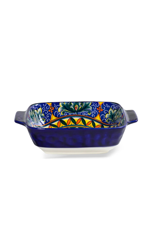 Travessa Retangular Floral Interno com Relevos e Alca Azul em Cerâmica