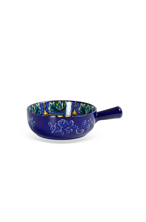 Travessa Redonda Floral Interno com Relevos e Alca Azul em Cerâmica