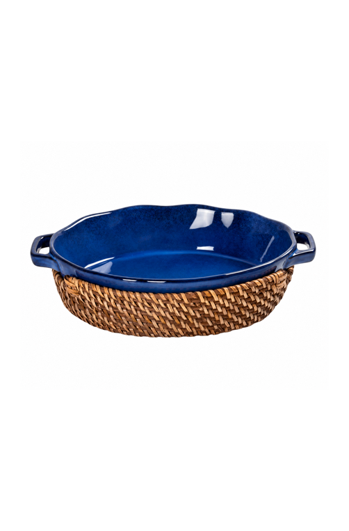 Travessa Oval em Cerâmica com Alça e Suporte Removível em Fibra Natural Azul 40cm