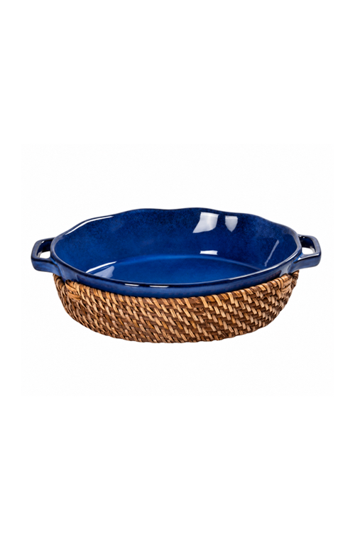 Travessa Oval em Cerâmica com Alça e Suporte Removível em Fibra Natural Azul 40cm