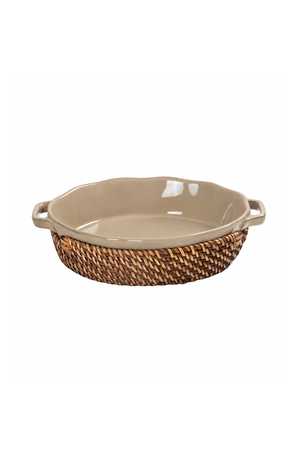Travessa Oval em Cerâmica com Alça e Suporte Removível em Fibra Natural Bege 40cm