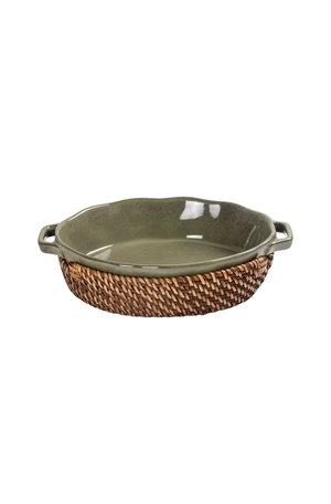 Travessa Oval em Cerâmica com Alça e Suporte Removível em Fibra Natural Verde 35cm