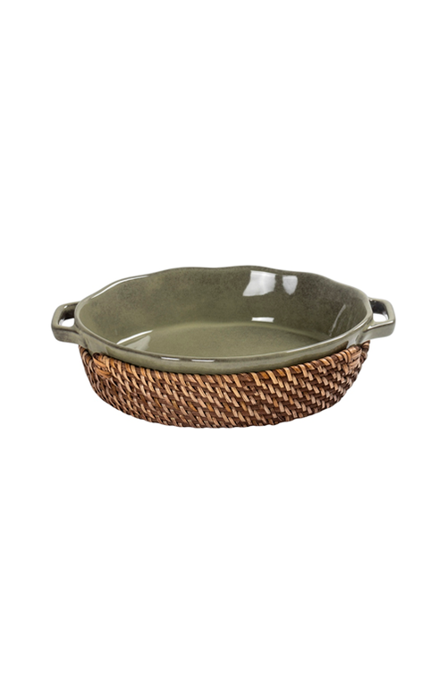 Travessa Oval em Cerâmica com Alça e Suporte Removível em Fibra Natural Verde 35cm
