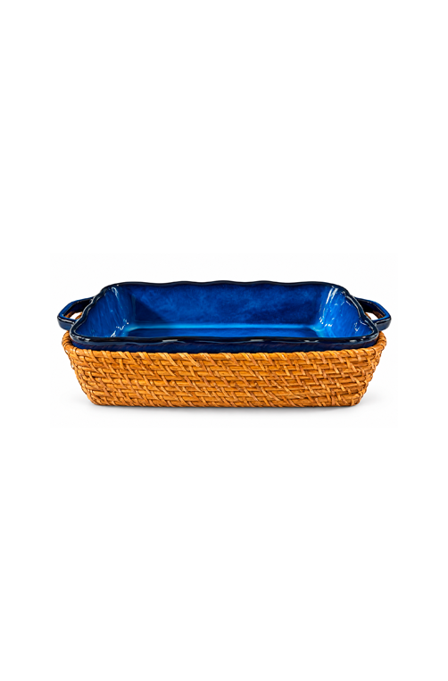 Travessa Retangular em Cerâmica com Alça e Suporte Removível em Fibra Natural Azul 36cm