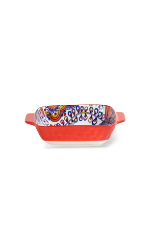 Travessa Retangular Floral Interno com Relevos e Alca Vermelho em Cerâmica