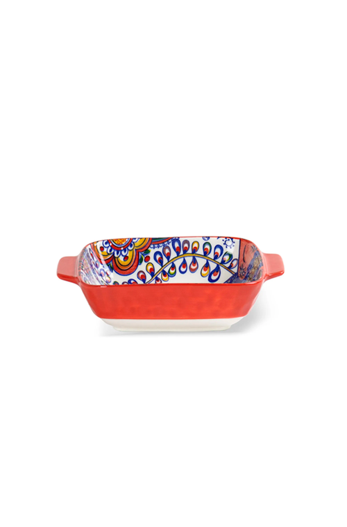 Travessa Retangular Floral Interno com Relevos e Alca Vermelho em Cerâmica