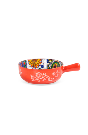 Travessa Redonda Floral Interno com Relevos e Alça Vermelho em Cerâmica
