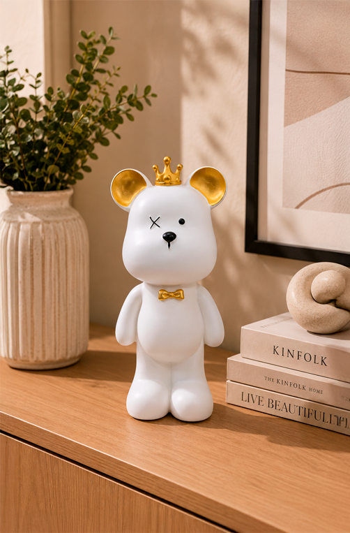 Enfeite Decorativo Urso de Coroa Dourado e Branco Pequeno em Resina