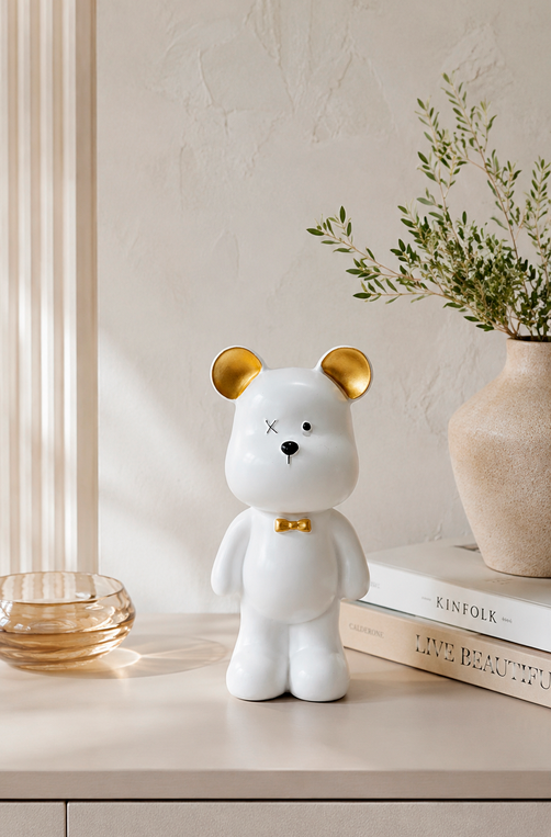 Enfeite Decorativo Urso Dourado e Branco Pequeno em Resina