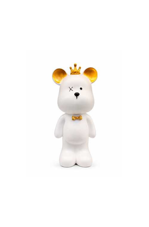 Enfeite Decorativo Urso de Coroa Dourado e Branco Pequeno em Resina