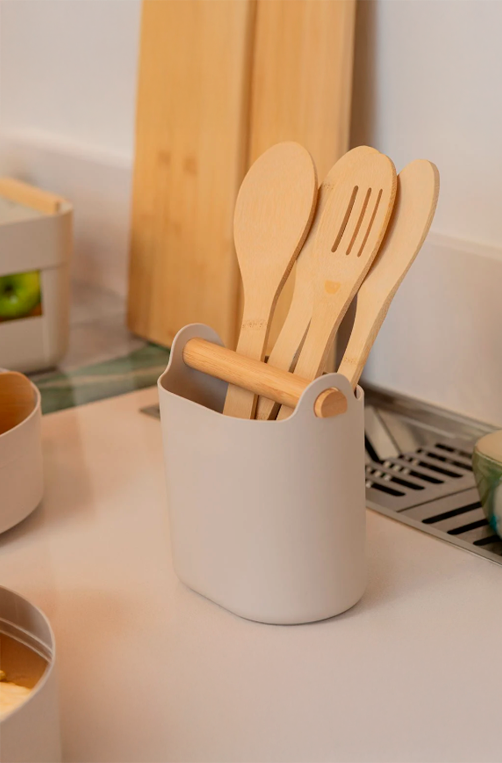 Porta Utensílios com Alça de Bambu Lume Bege
