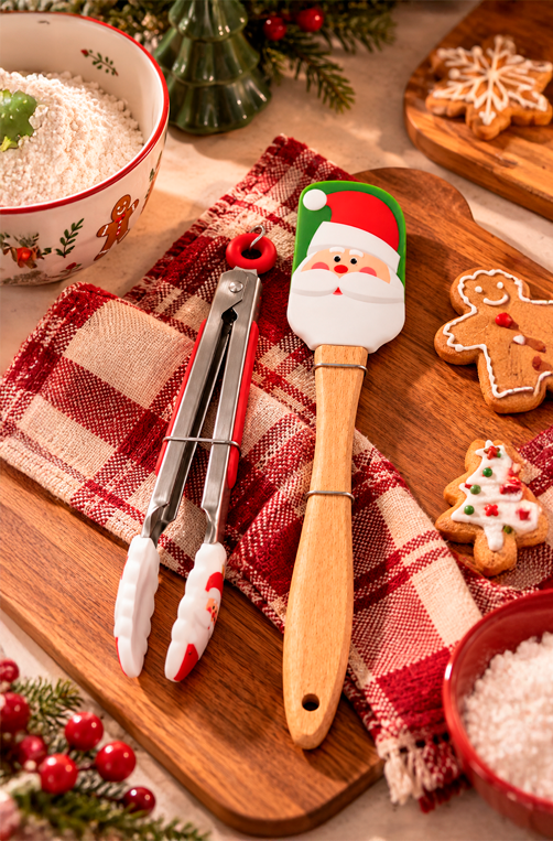 Conjunto de Espátula e Pegador Natalino Papai Noel em Silicone 2 Peças