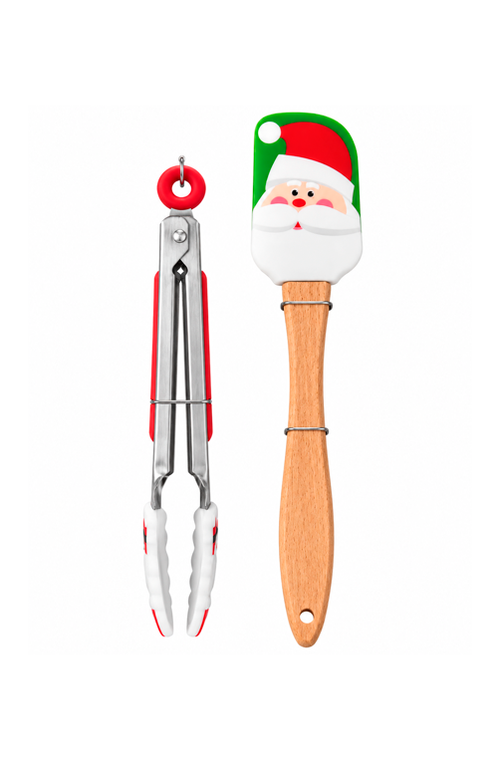 Conjunto de Espátula e Pegador Natalino Papai Noel em Silicone 2 Peças