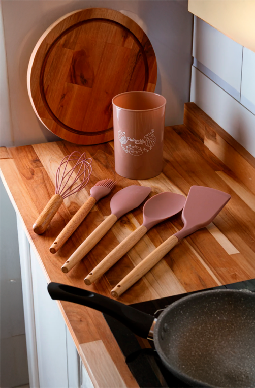 Conjunto 5 Utensílios para Confeitaria de Silicone com Suporte Nude