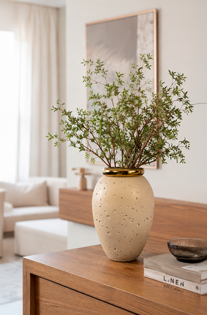 Vaso Decorativo Texturizado Bege com Detalhe Dourado 39cm