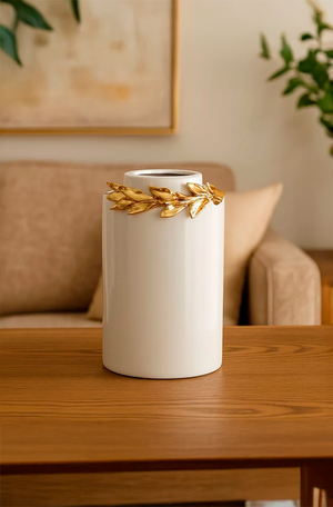 Vaso Decorativo Cerâmica Branco e Dourado 23cm