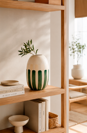 Vaso Decorativo Branco com Listras Verde em Cerâmica Grande