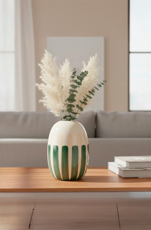 Vaso Decorativo Branco com Listras Verde em Cerâmica Médio