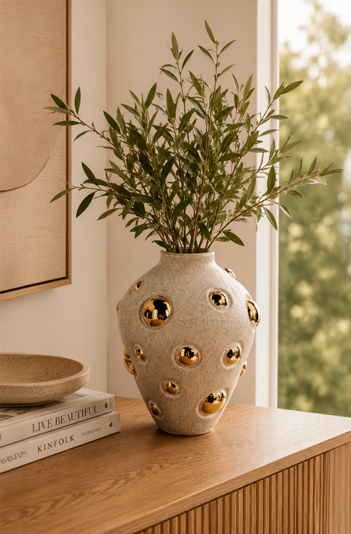 Vaso Decorativo com Esferas Bege e Detalhe Dourado em Cerâmica 23,5cm