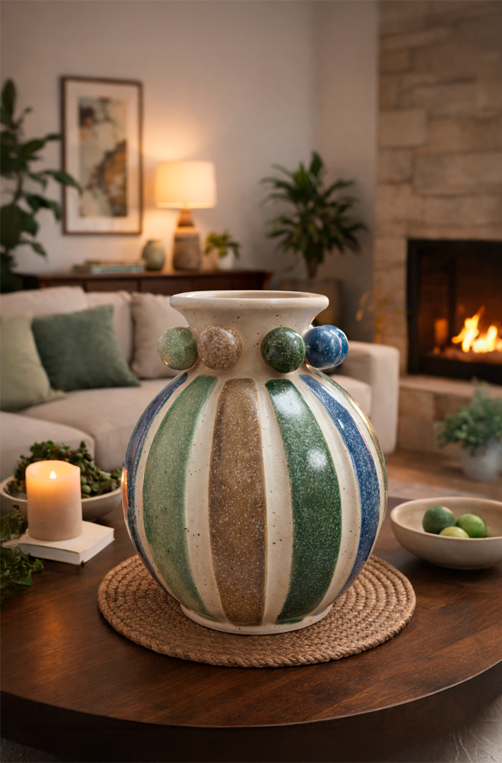 Vaso Decorativo de Esfera Listrada Bege em Cerâmica Médio