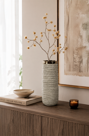Vaso Decorativo com Curvas Cinza e Dourado 31cm