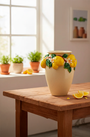 Vaso Decorativo de Limões Bege e Amarelo em Cerâmica 23cm