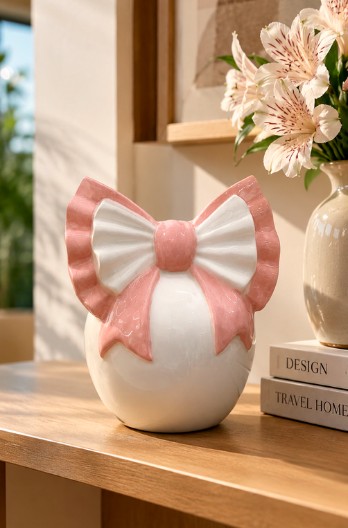 Vaso Decorativo de Laço Rosa e Branco em Cerâmica