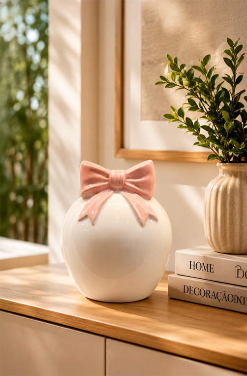 Vaso Decorativo de Laço Rosa em Cerâmica