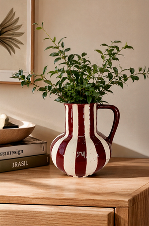 Vaso Decorativo Listrado Vermelho e Bege em Cerâmica 22cm