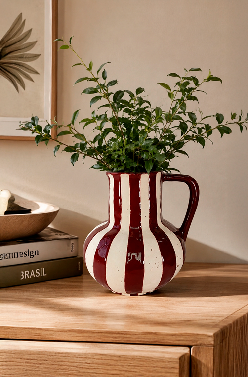 Vaso Decorativo Listrado Vermelho e Bege em Cerâmica 22cm