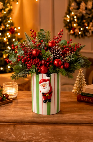 Vaso Natalino listrado Papai Noel Grande em Cerâmica
