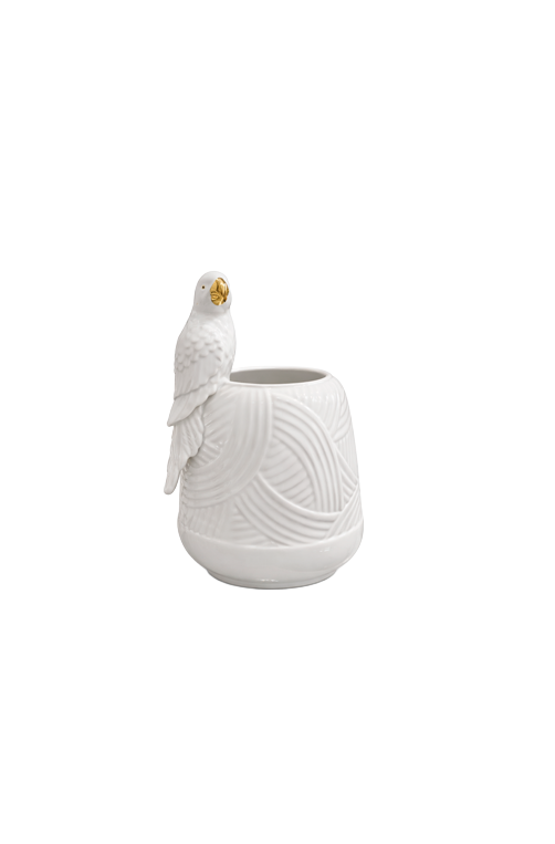 Vaso Decorativo com Periquito em Cerâmica Branco 32cm