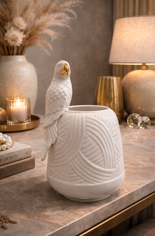 Vaso Decorativo com Periquito em Cerâmica Branco 32cm