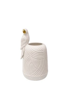 Vaso Decorativo com Periquito em Cerâmica Branco 38cm