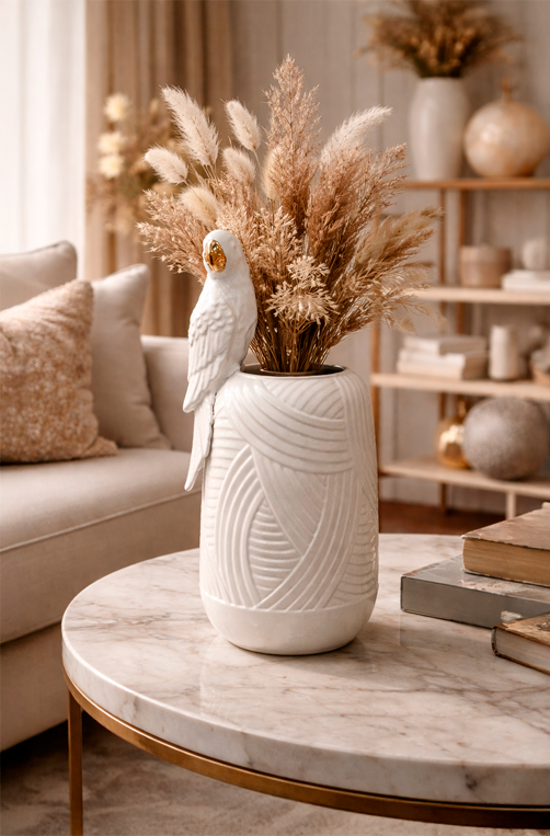 Vaso Decorativo com Periquito em Cerâmica Branco 38cm