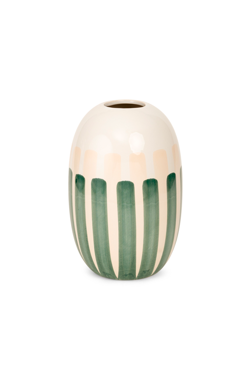 Vaso Decorativo Branco com Listras Verde em Cerâmica Grande