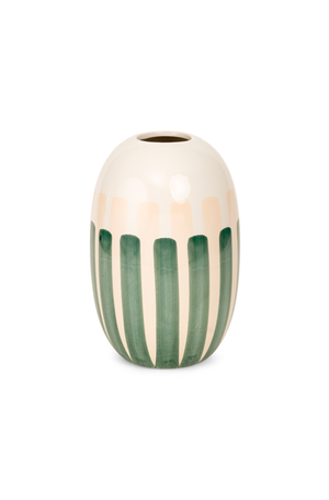 Vaso Decorativo Branco com Listras Verde em Cerâmica Grande