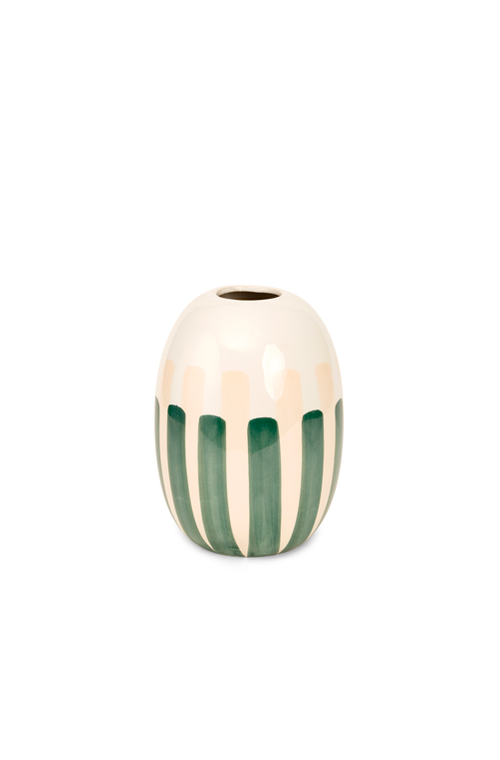 Vaso Decorativo Branco com Listras Verde em Cerâmica Médio