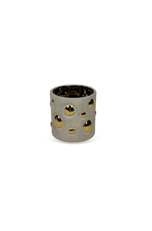 Vaso Decorativo com Esferas Bege e Detalhe Dourado em Cerâmica 14cm