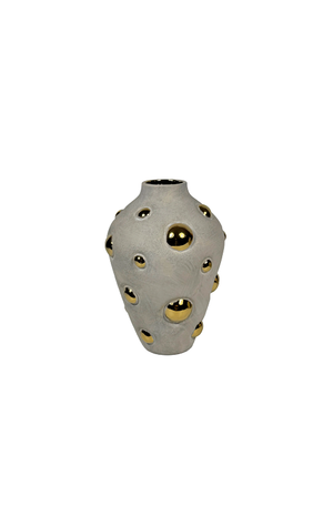Vaso Decorativo com Esferas Bege e Detalhe Dourado em Cerâmica 29,5cm