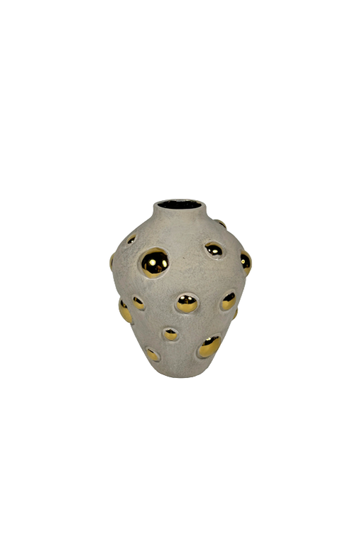 Vaso Decorativo com Esferas Bege e Detalhe Dourado em Cerâmica 23,5cm